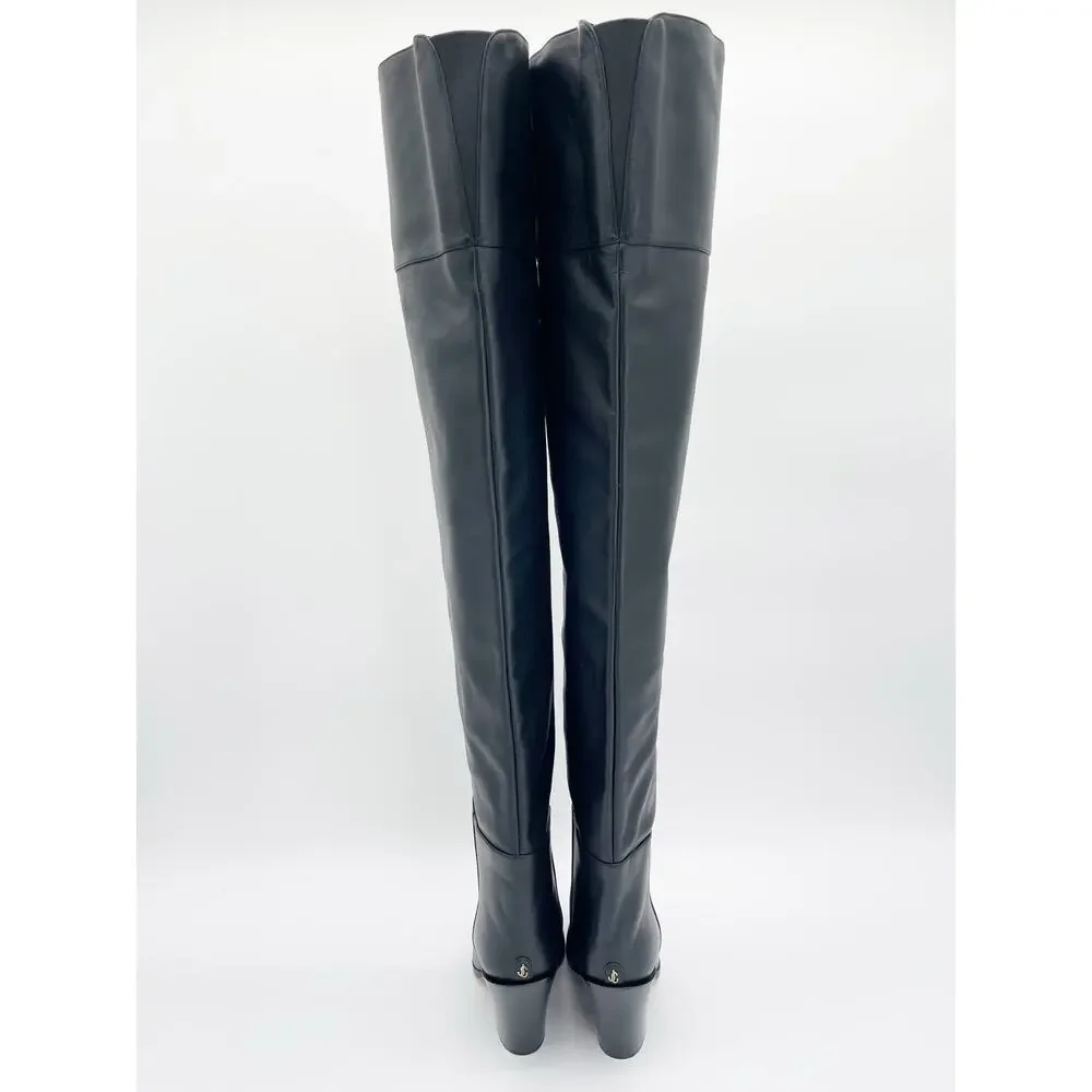 Jimmy Choo Cece 80 Black Pointed Toe Western OTK Block Heeled Boots IT 38.5